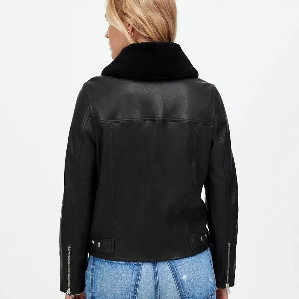 NWT Madewell Sherpa-Collar Asymmetric Zip-Front Jacket in Leather XS